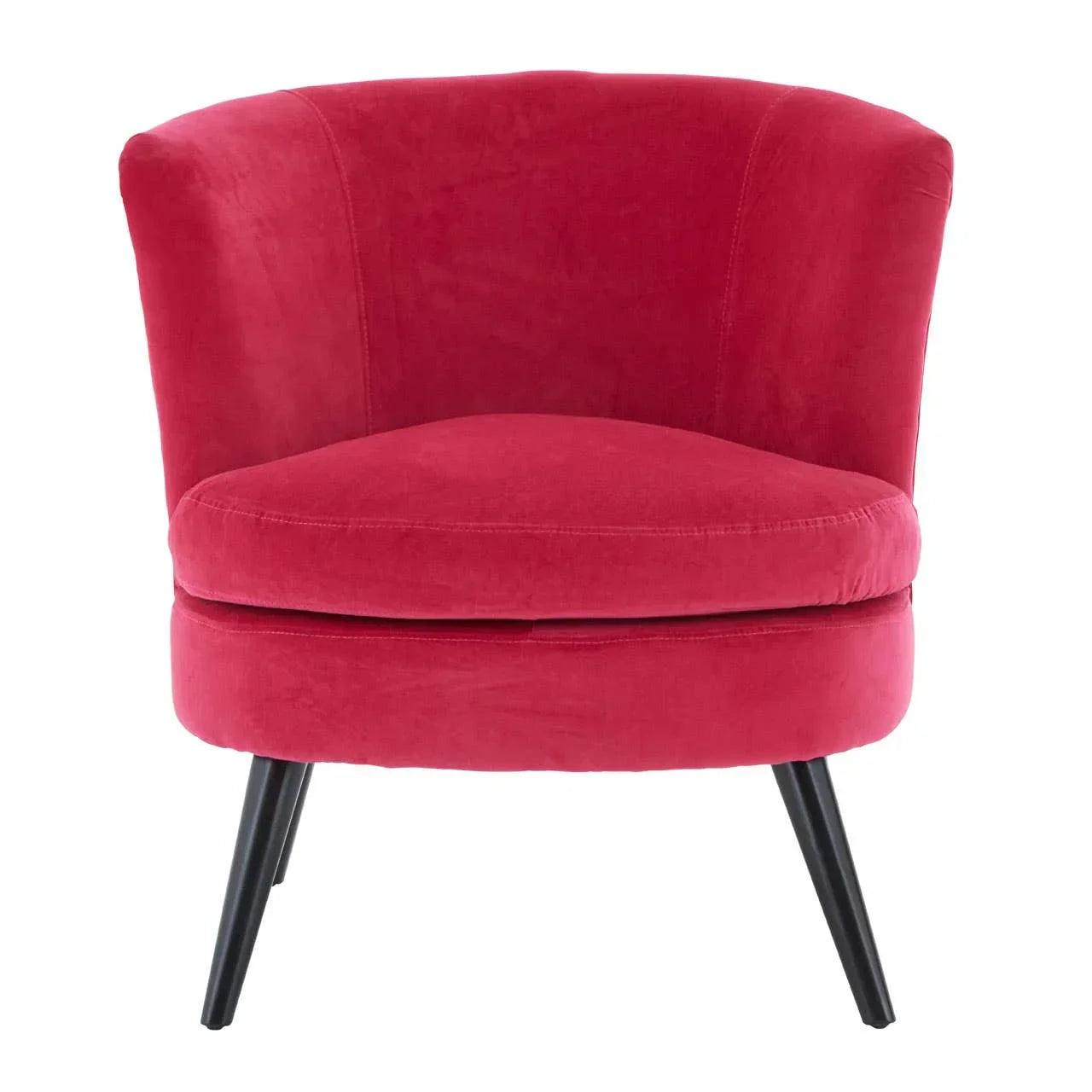 Red velvet accent chair with curved backrest and black tapered legs, front view