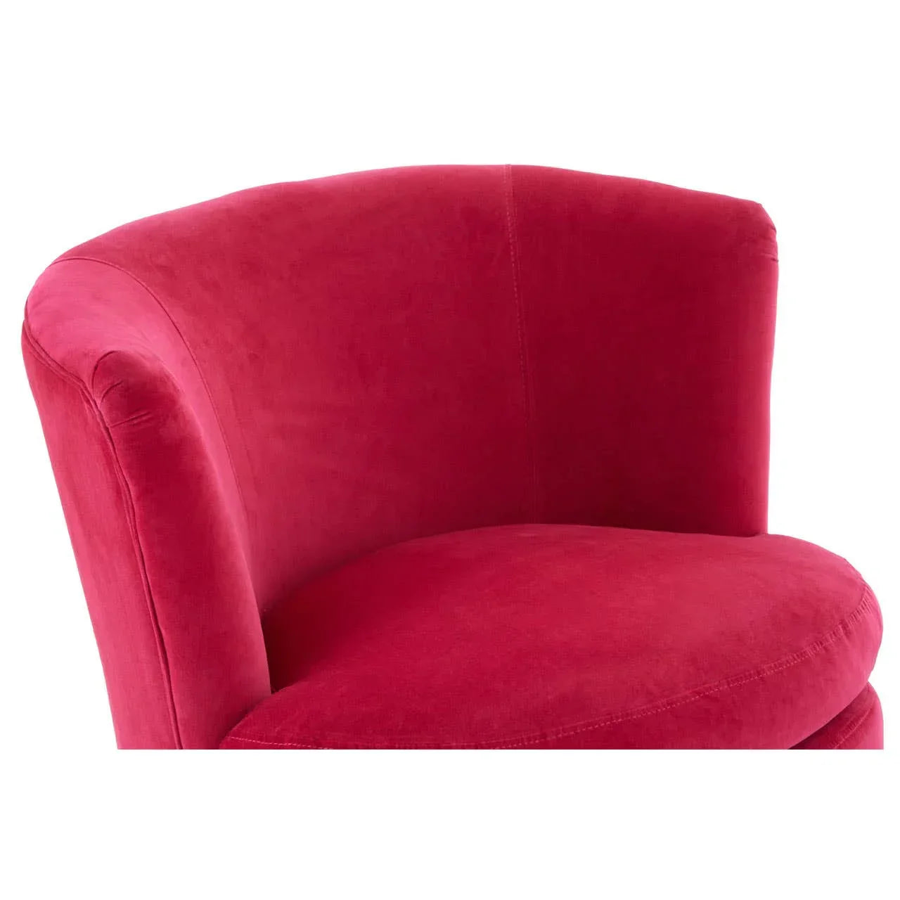 Closeup of red velvet accent chair with curved backrest and plush seat upholstery
