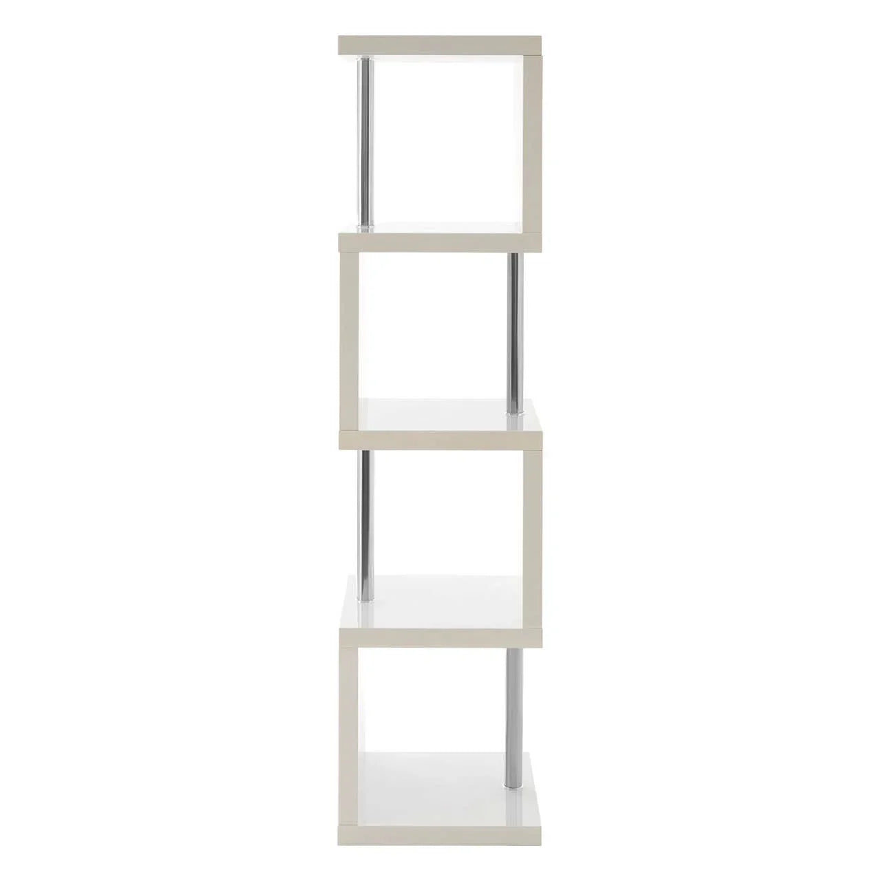 White modern shelving unit with four open cube shelves and chrome supports, side view
