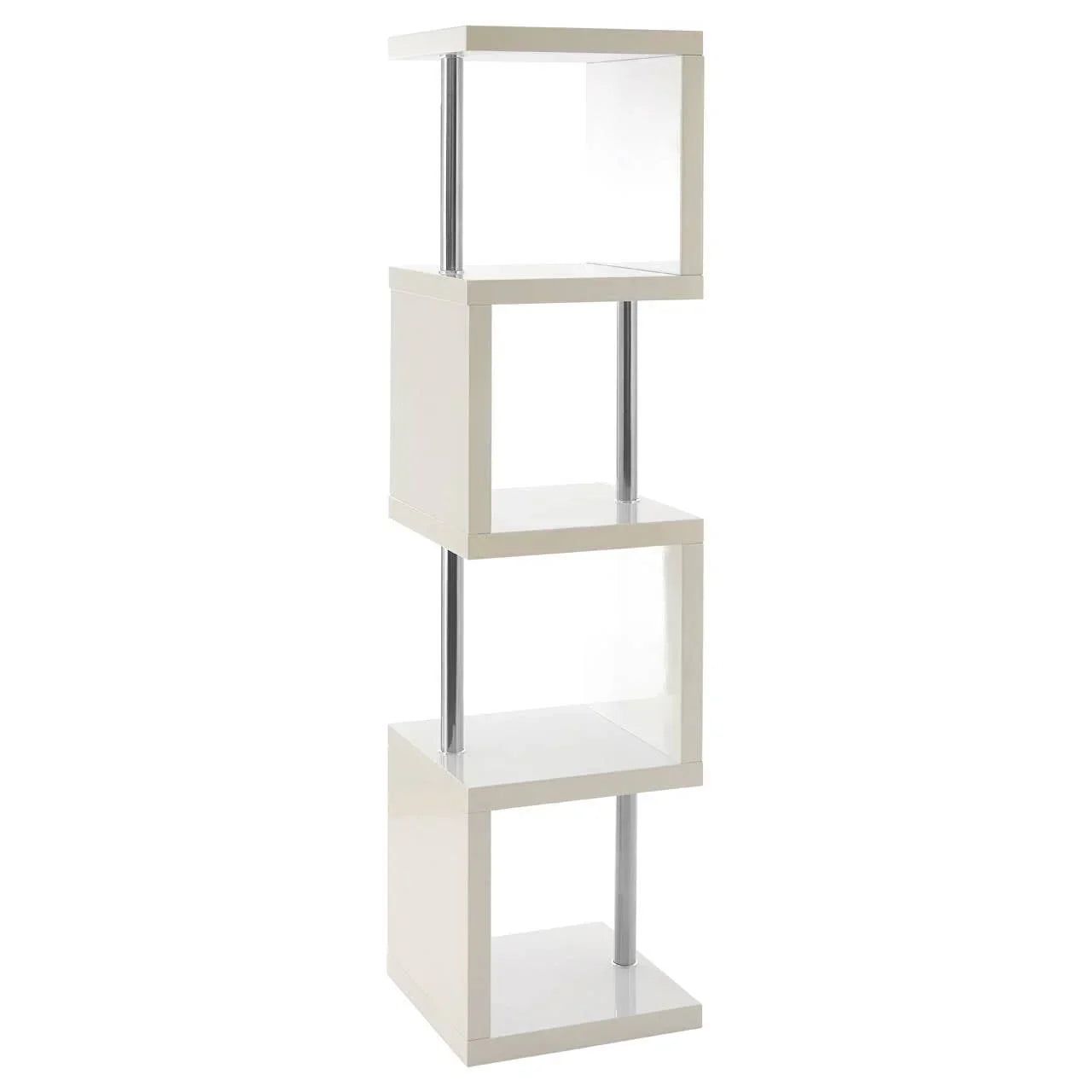 White modern shelving unit with chrome supports and open zigzag cube shelves