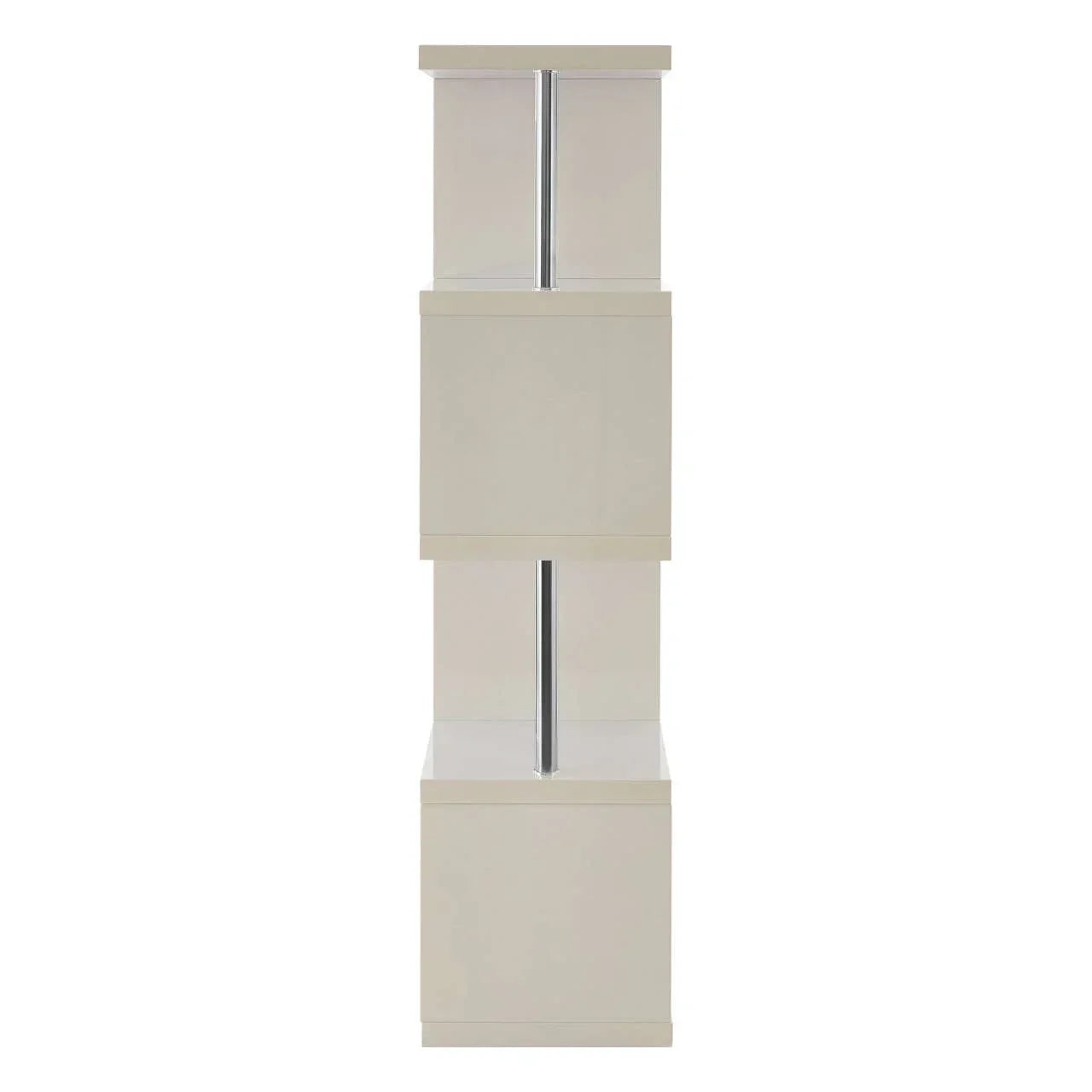 Tall beige storage cabinet with modern square design and chrome vertical handles, side view