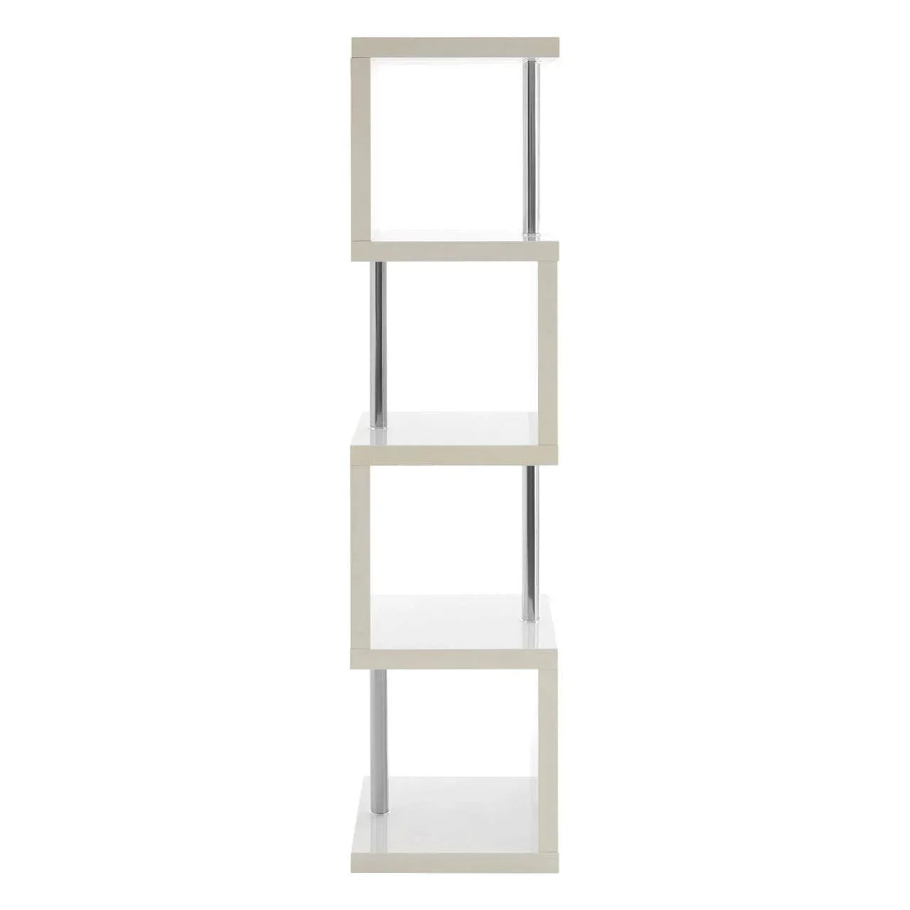 White modern shelving unit with chrome supports, four open shelves, side profile view