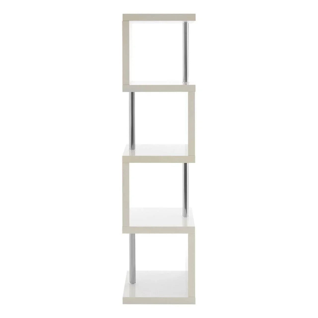 white zigzag bookcase with chrome supports and four open storage shelves, side view