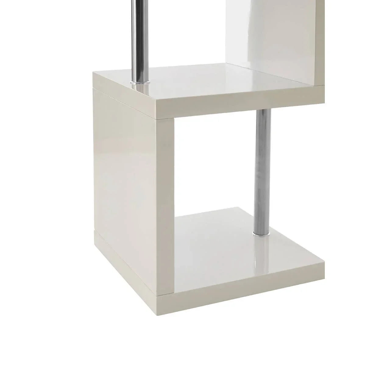 White gloss shelving unit with chrome supports, modern design close-up view