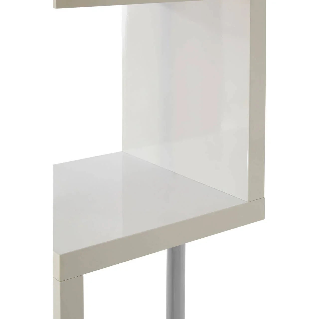 Glossy white corner desk with open shelving and metal support leg