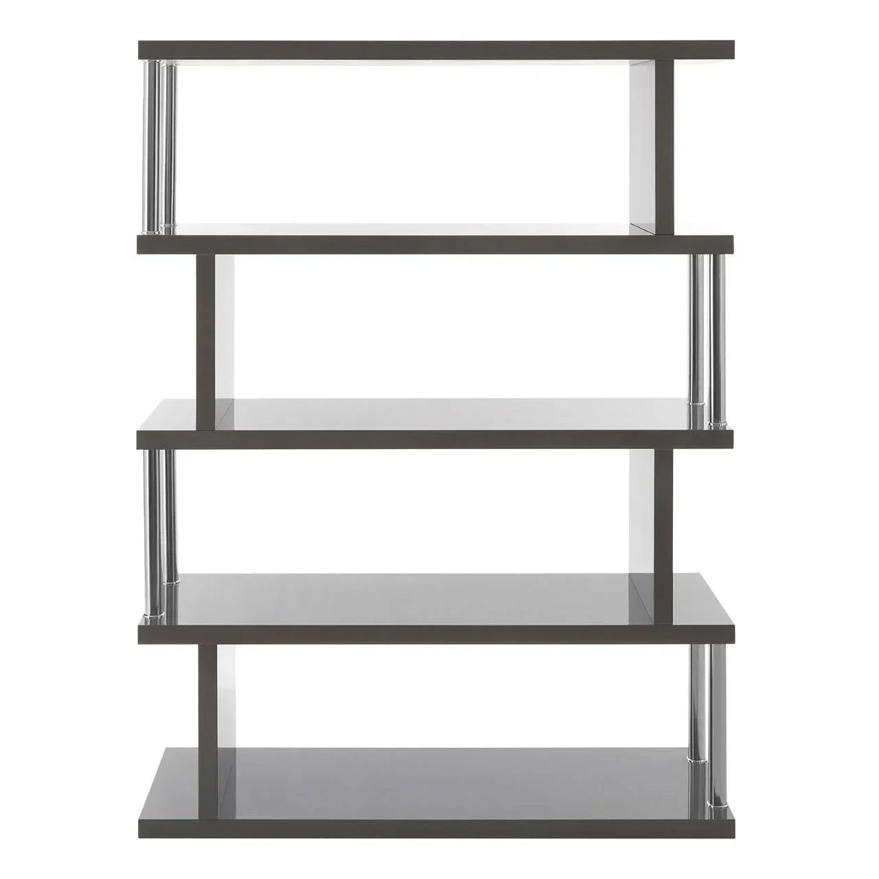 Modern black gloss bookcase with chrome supports and staggered open shelves, front view