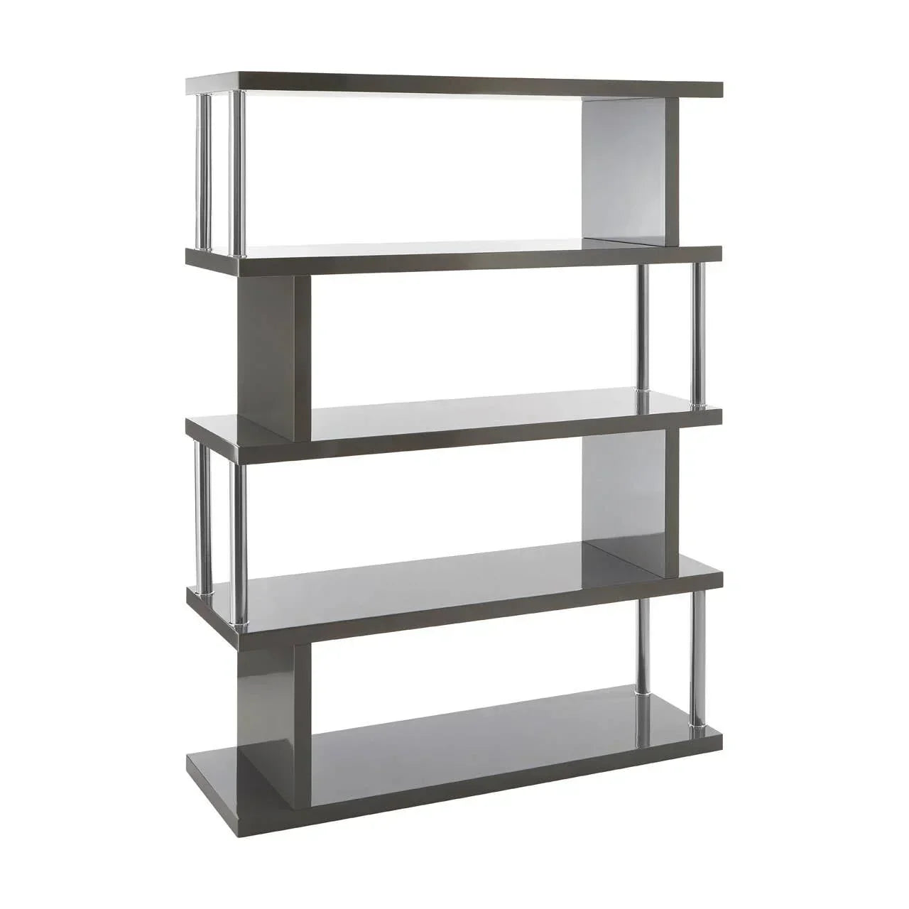 Modern grey bookshelf with four open shelves and chrome supports on white background