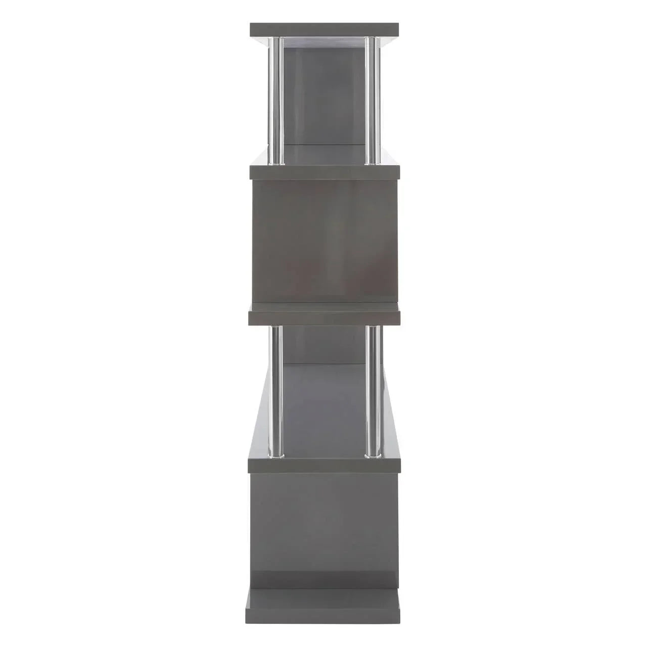 Side view of grey gloss bookcase with chrome supports and open shelving