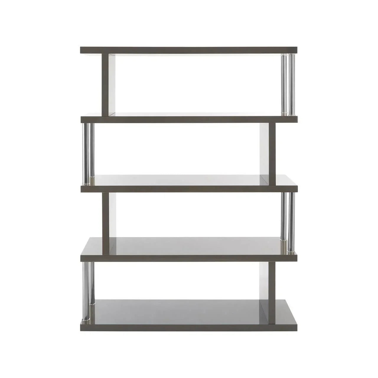 Modern grey bookshelf with four staggered shelves and chrome supports, front view
