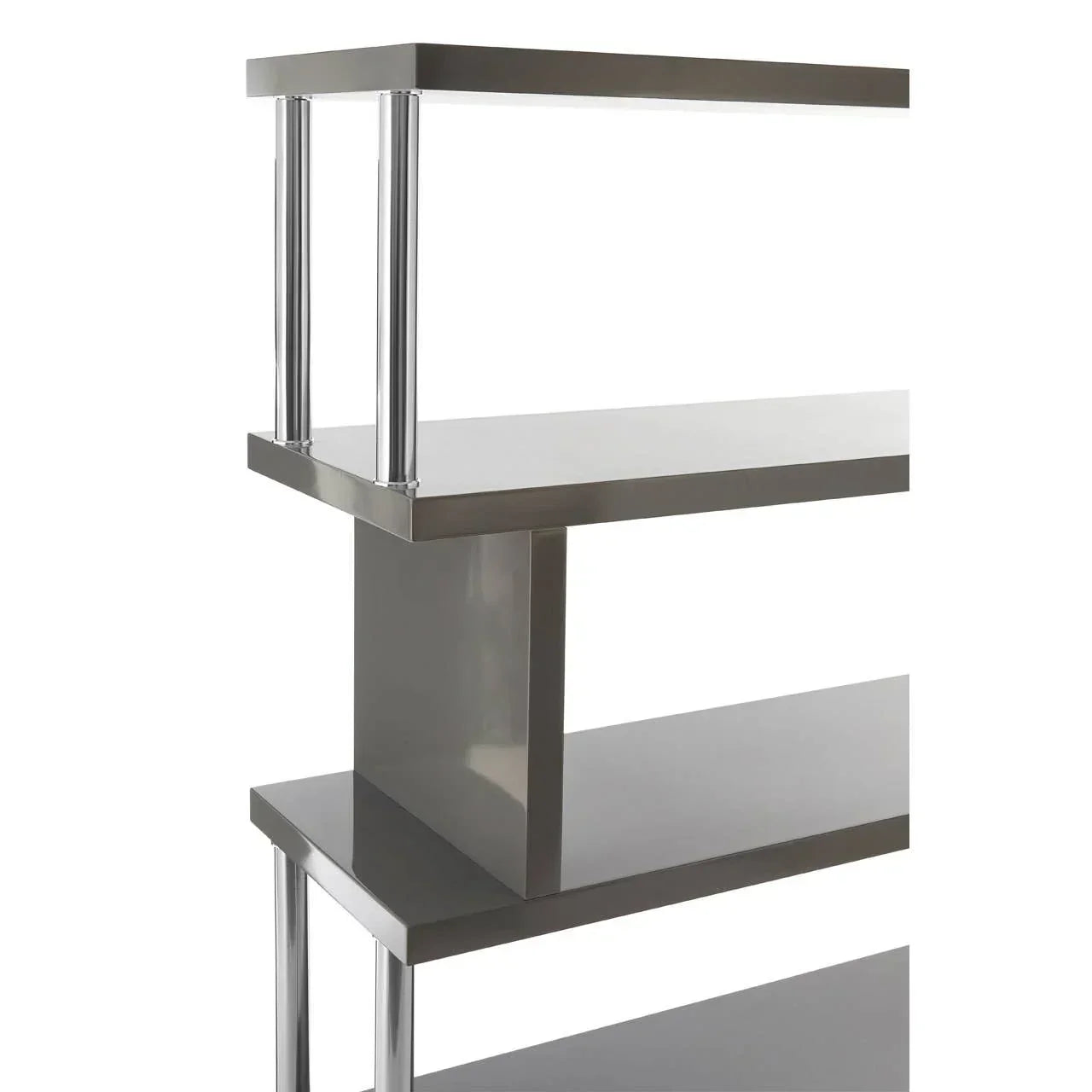 Modern grey shelving unit with chrome supports, open side view