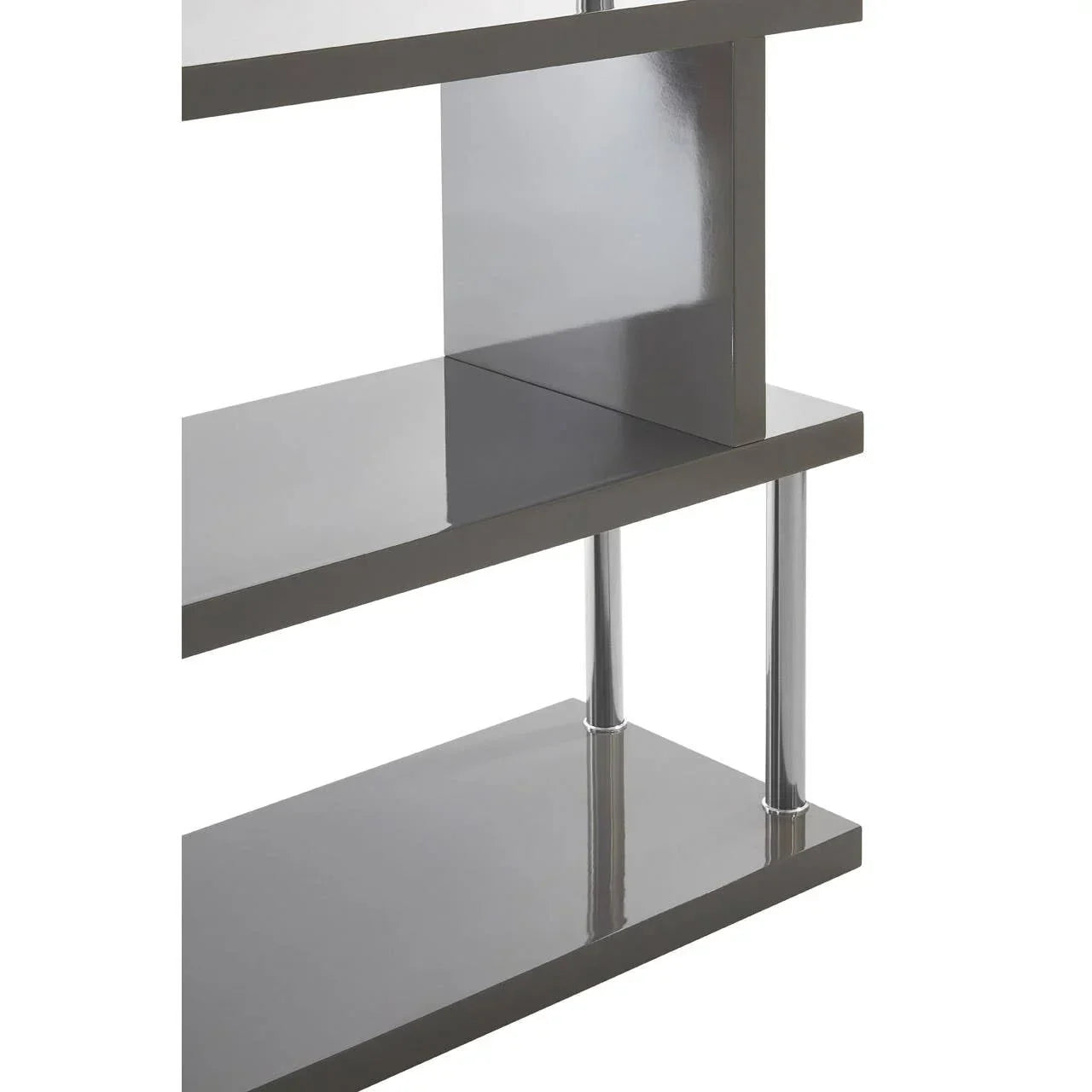 Glossy grey shelving unit with chrome support poles, close-up view of shelves and structure
