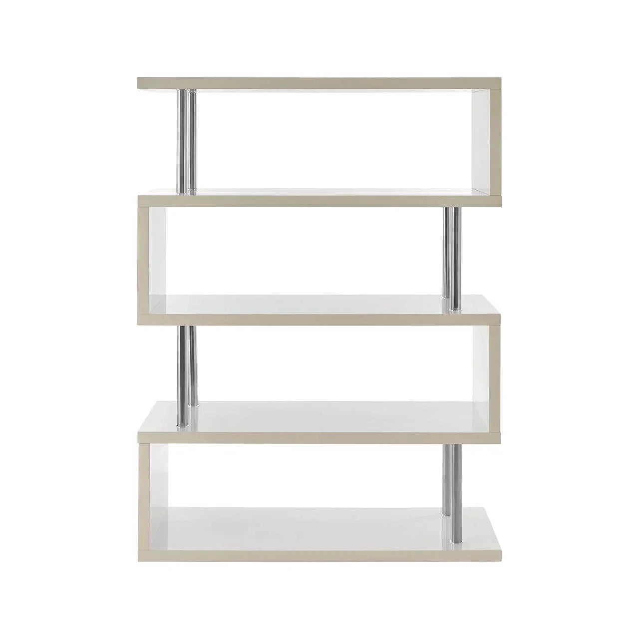 Modern white bookshelf with four staggered shelves and chrome supports