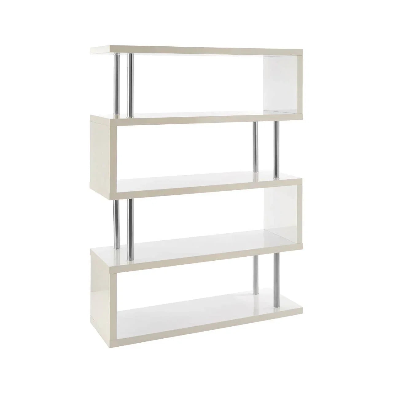 Modern white shelving unit with chrome supports and open rectangular shelves