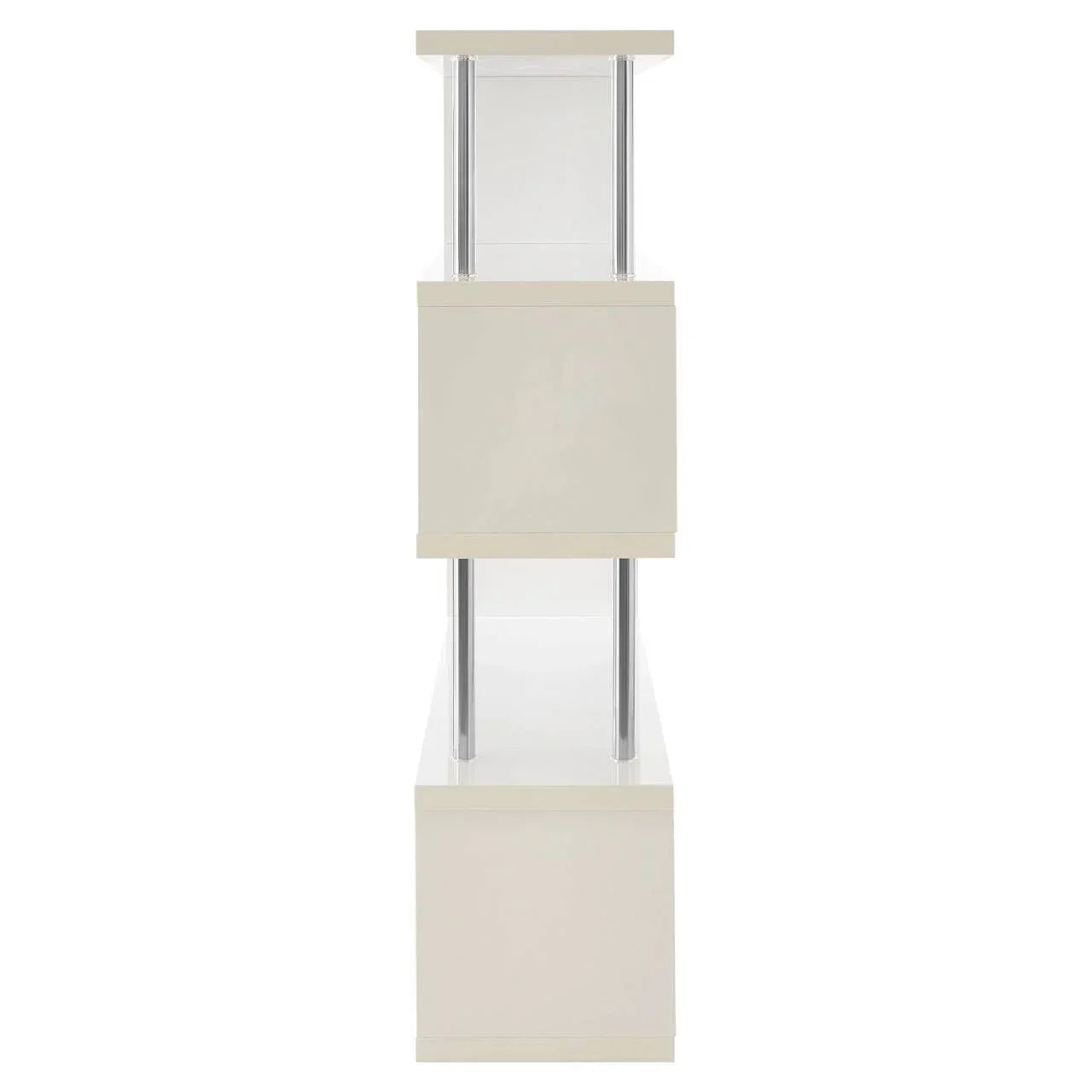 Side view of modern beige shelving unit with chrome supports and high gloss finish