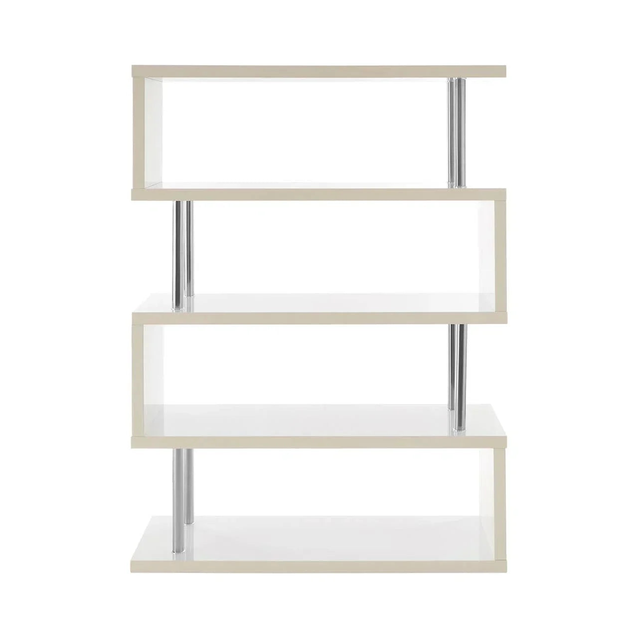 White gloss zigzag bookcase with chrome supports, four open shelves, front view