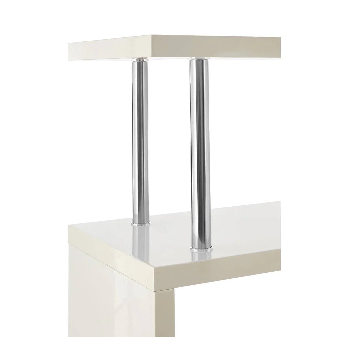 High gloss white console table with chrome metal legs, corner close-up