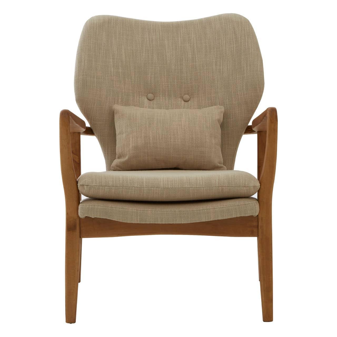Beige upholstered armchair with wooden frame and matching cushion, front view