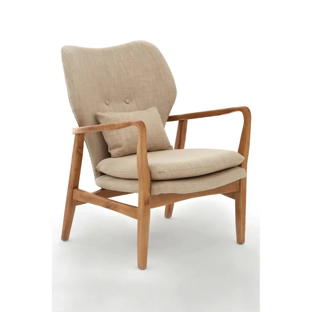 Beige fabric accent chair with wooden frame and cushion, angled on white background