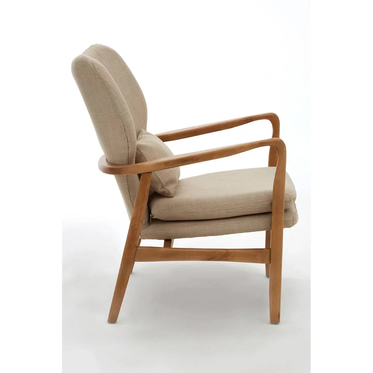 Beige upholstered armchair with angled wooden frame and cushioned seat, side view