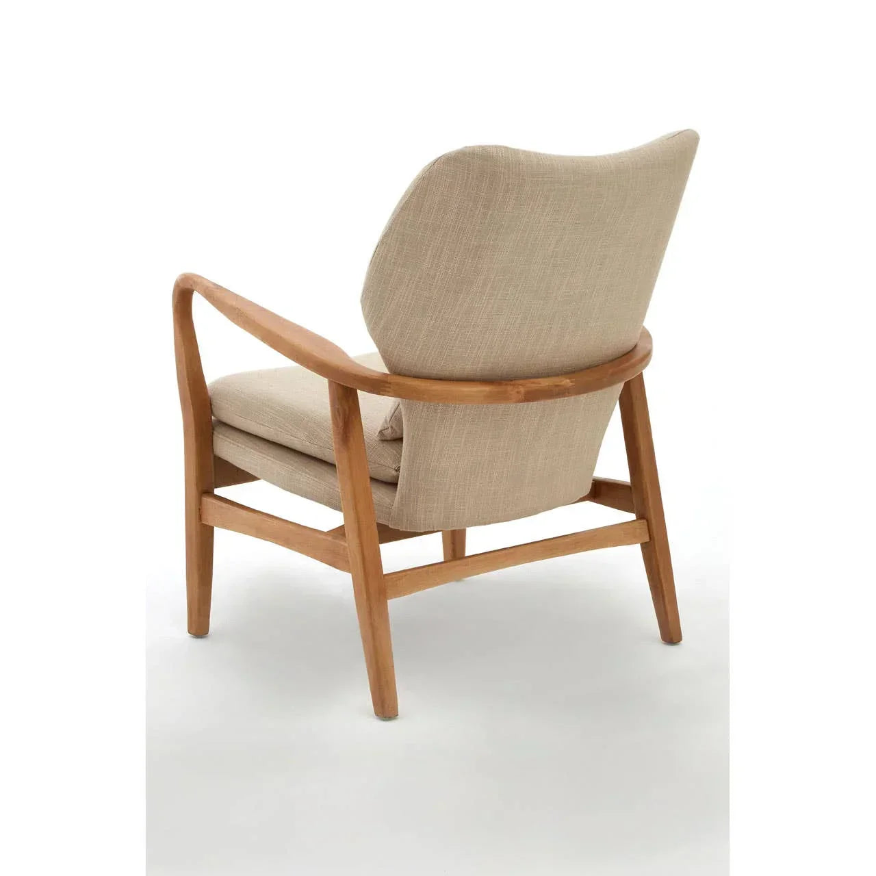 Beige fabric accent chair with solid wood frame shown from rear angle