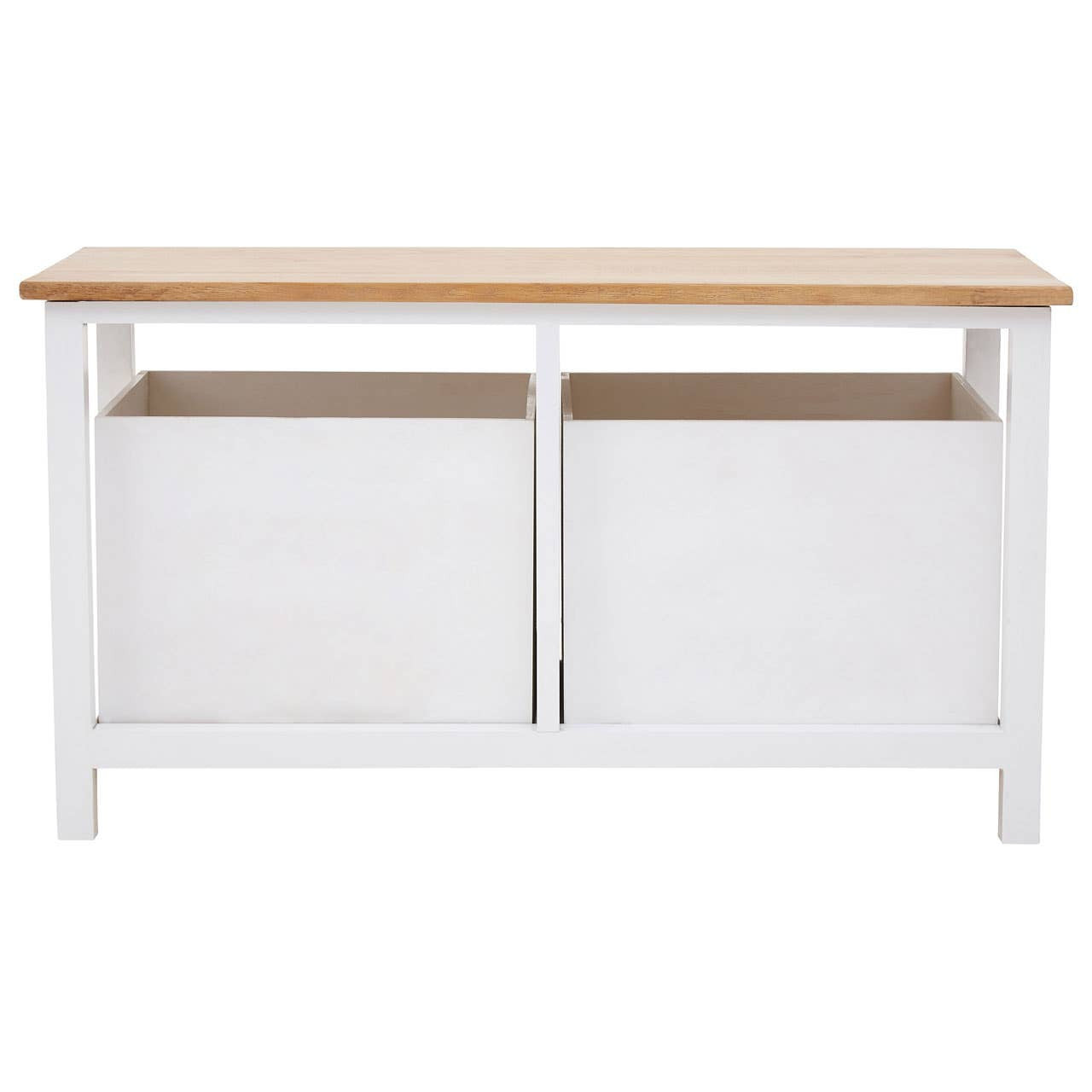 A white wooden bench with a natural wood top, featuring two drawers and an open shelf underneath. The design is simple and modern, suitable for various home decor styles