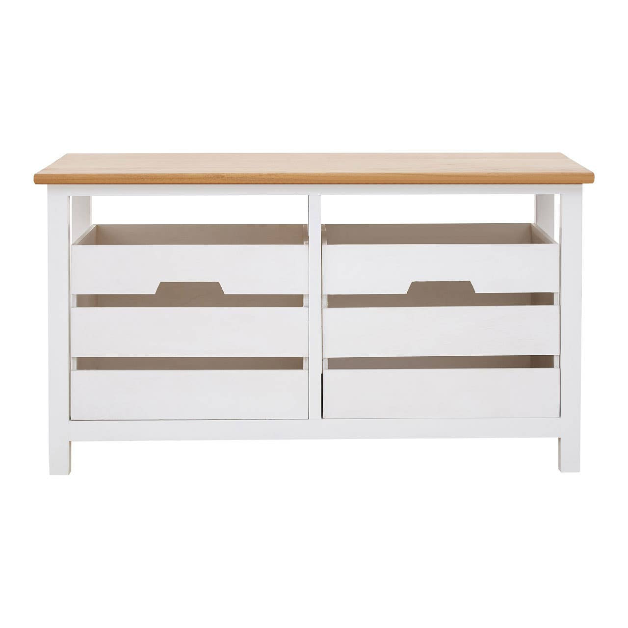 A white wooden bench with a natural wood top, featuring two drawers with cut-out handles for easy access. The bench has a simple, modern design and is supported by sturdy legs
