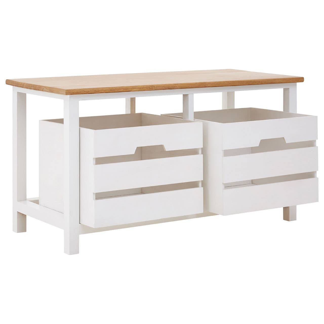 A two-drawer bench featuring a natural wood top and a white base, with two spacious drawers below. The bench has a simple, modern design with clean lines and sturdy legs