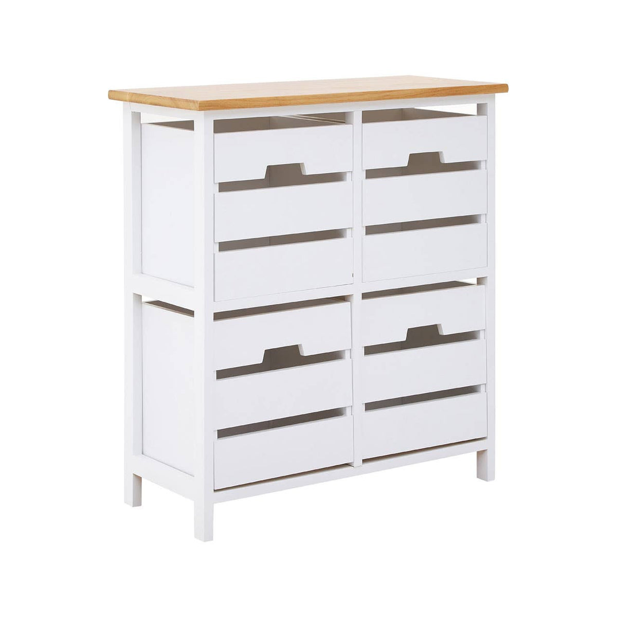 Four-drawer chest featuring a white body and a natural wood top, with sleek metal handles on each drawer. The design is modern and minimalistic, suitable for various home decor styles