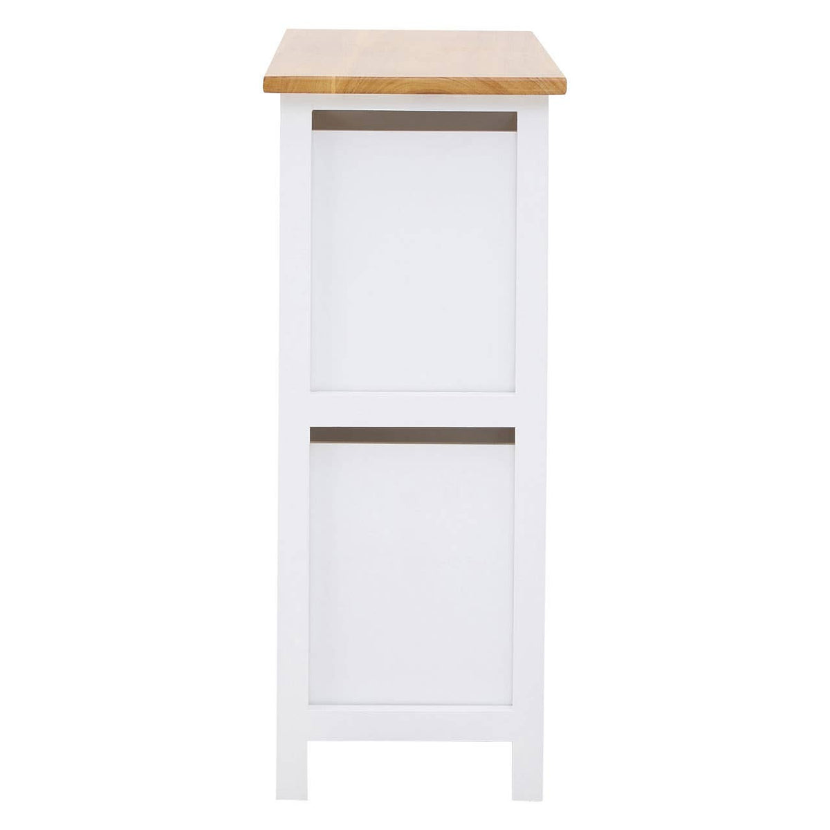 A tall, narrow chest with four drawers, featuring a white body and a natural wood top. The drawers have a simple design with horizontal grooves for easy opening. The overall style is modern and minimalist, suitable for various home decor settings