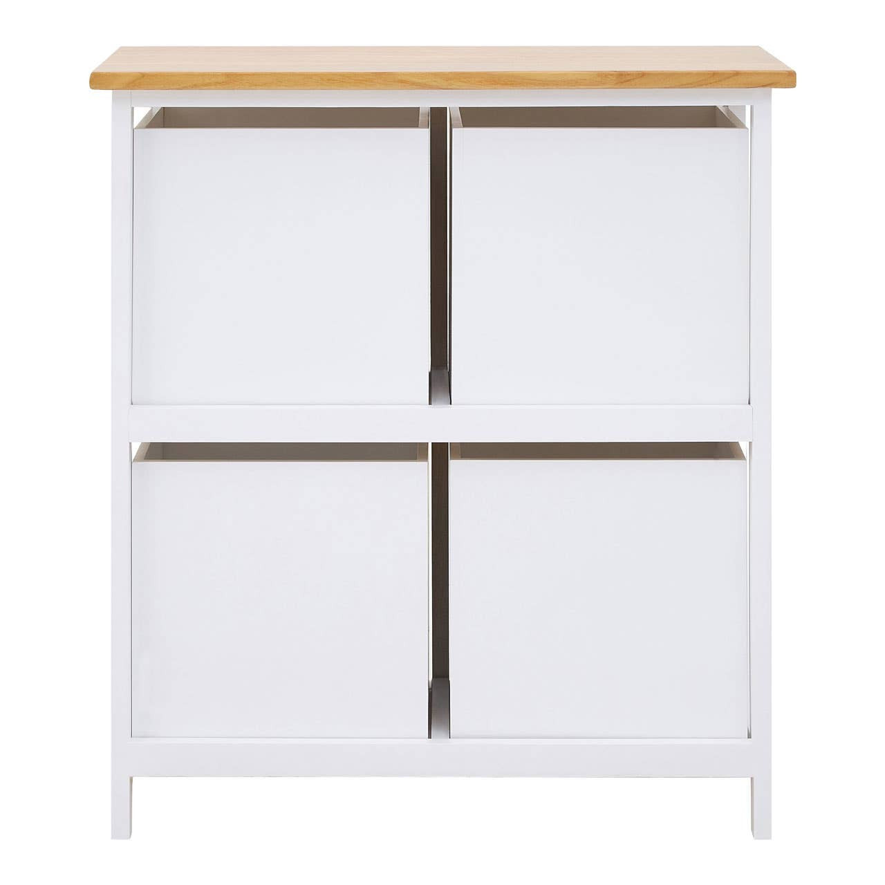 A white four-drawer chest with a natural wood top, featuring simple horizontal lines and a minimalist design. Each drawer has a sleek, cut-out handle for easy access. The chest stands on slender legs, giving it an airy appearance