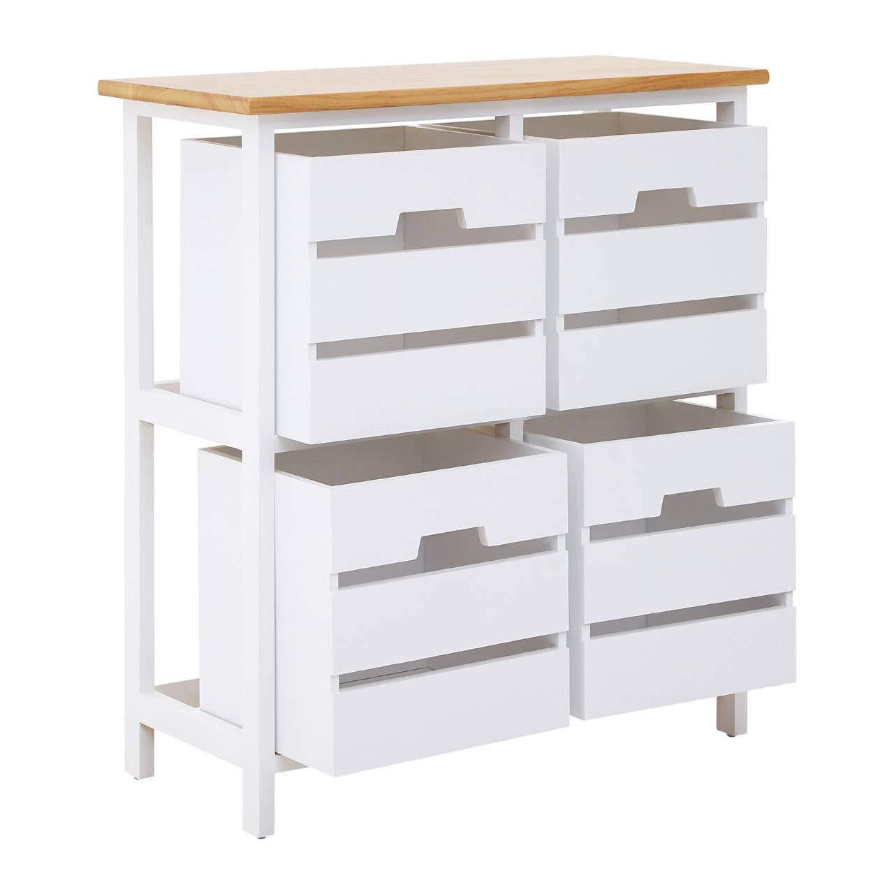 A modern four-drawer chest featuring a white body and a natural wood top. The chest has sleek, horizontal metal handles and is supported by sturdy legs, providing a contemporary look suitable for home decor
