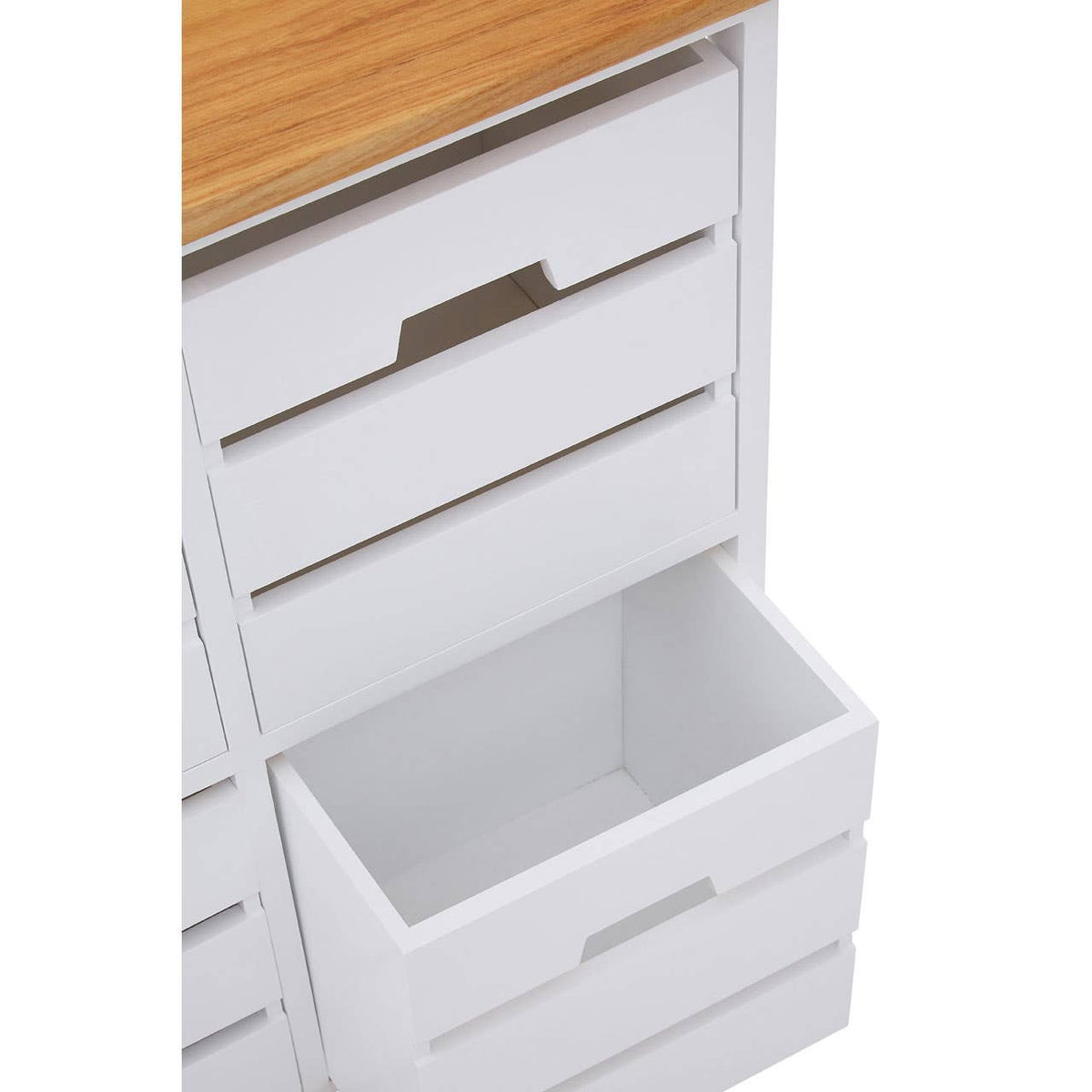 A white four-drawer chest with a natural wood top, featuring three closed drawers and one partially open drawer, showcasing its interior space. The chest has simple, modern lines and a minimalist design