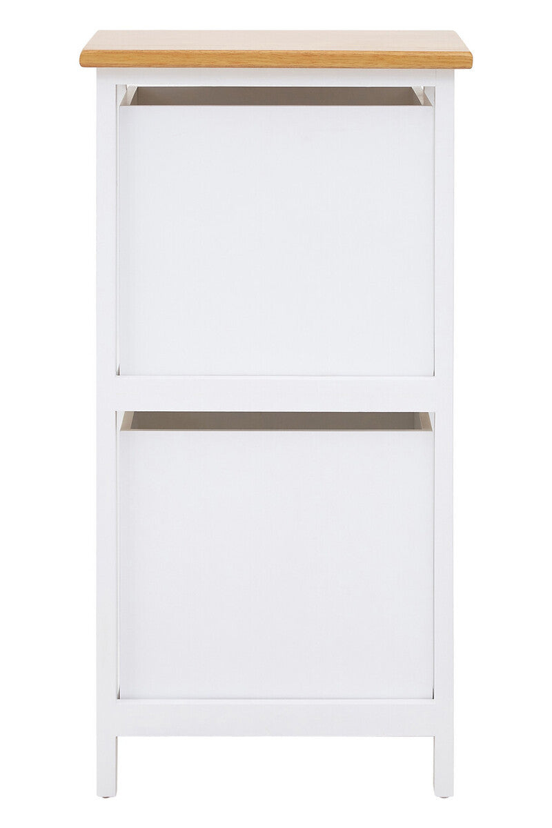 A white two-drawer chest with a natural wood top, featuring two horizontal drawer fronts and a simple, modern design. The chest has clean lines and a minimalist aesthetic, suitable for various home decor styles