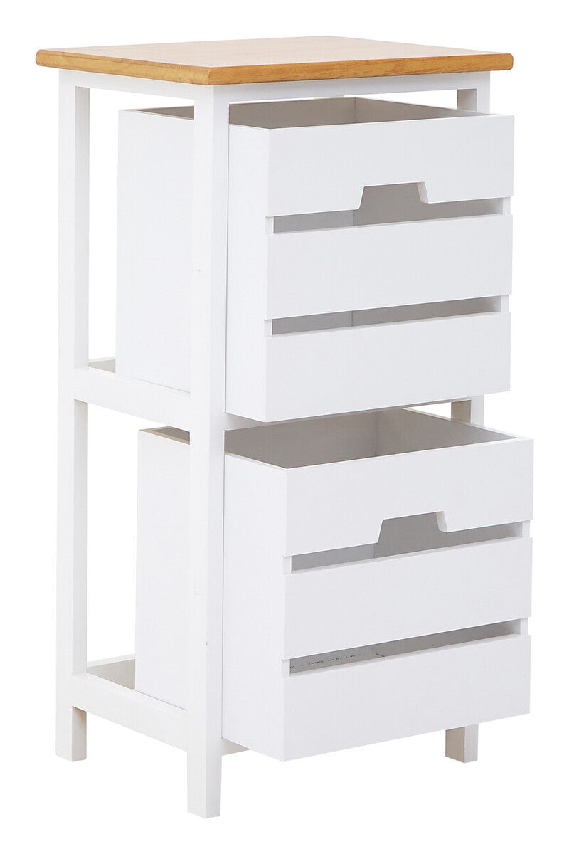 A modern two-drawer chest featuring a white body with a natural wood top. The chest has two spacious drawers with sleek silver handles, providing a clean and minimalist design suitable for various home decor styles