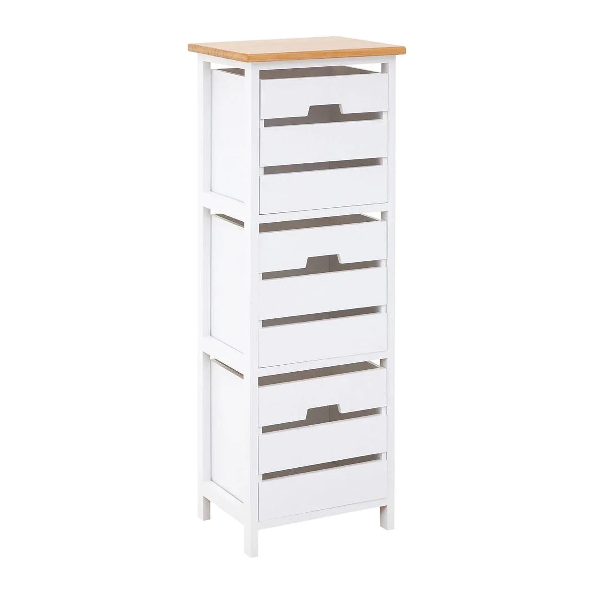 Tall white storage unit with four slatted drawers and natural wood top