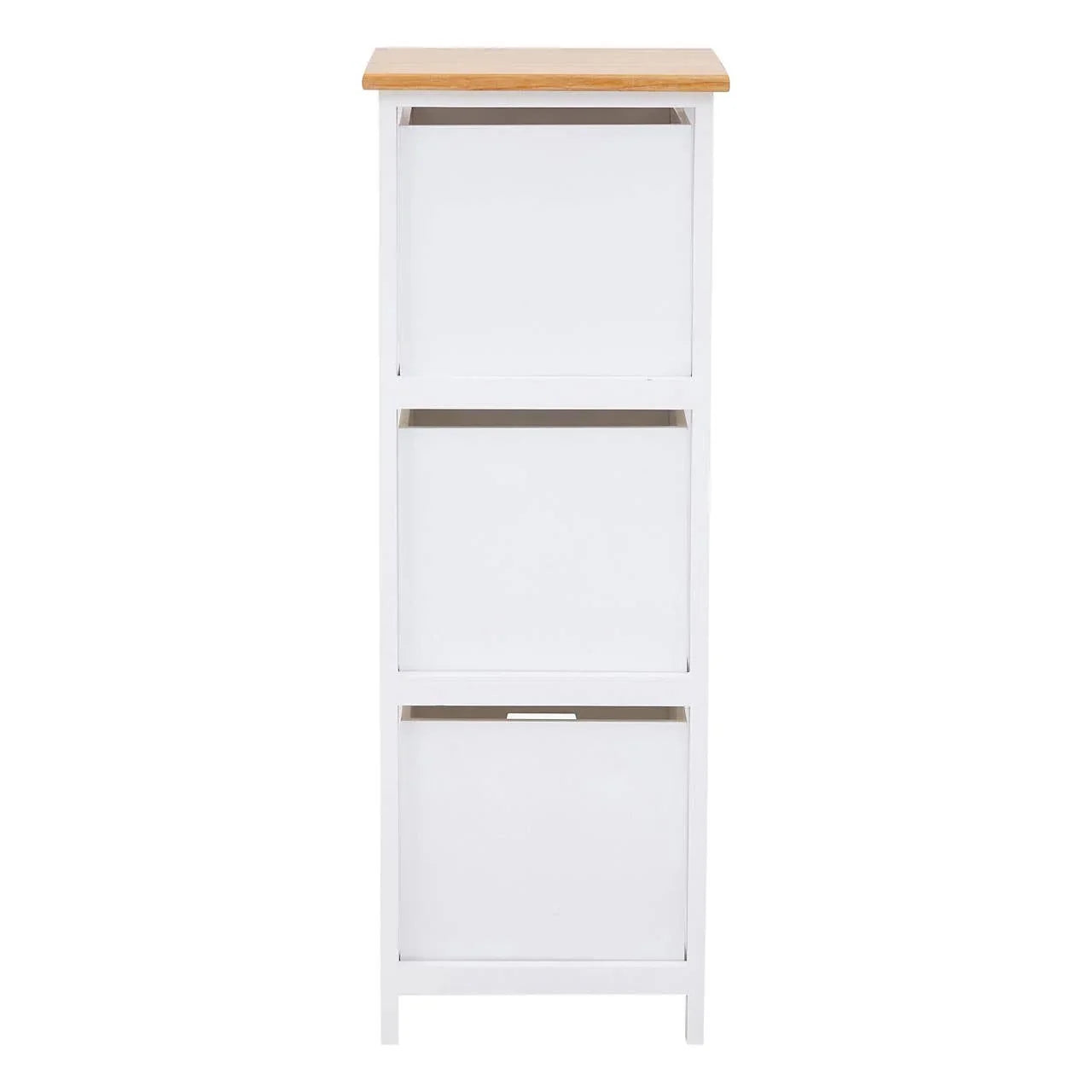 White wooden storage unit with three compartments and natural wood top