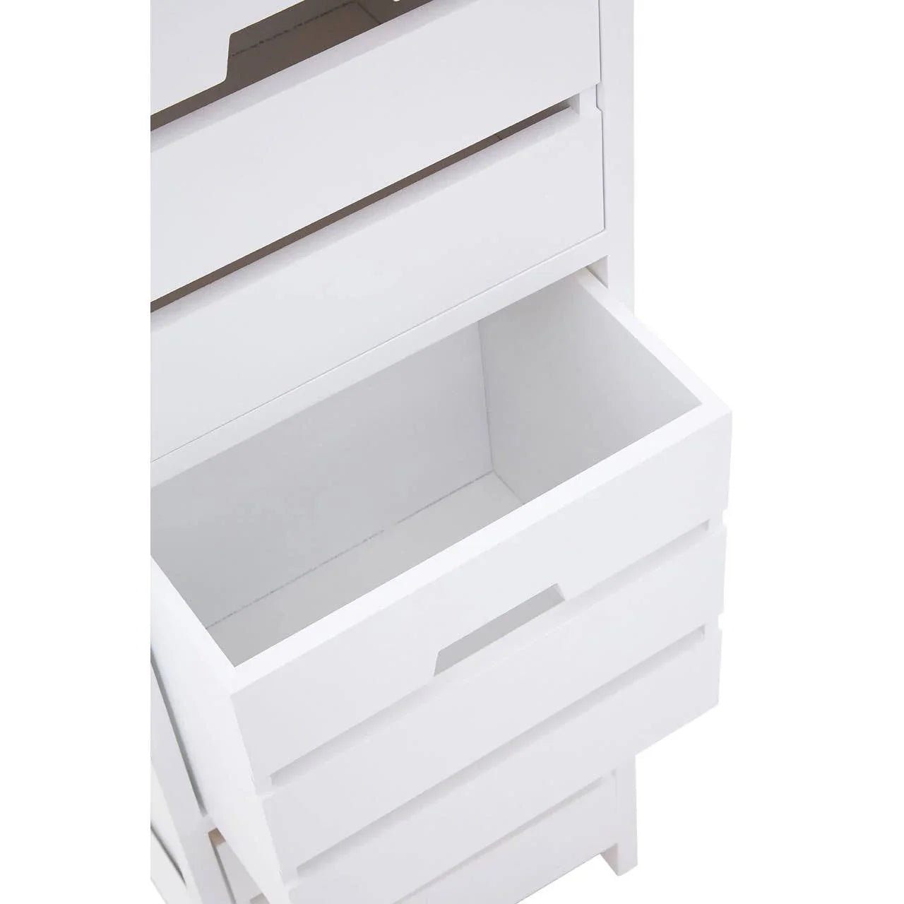 White wooden chest of drawers with open drawer showing interior storage space
