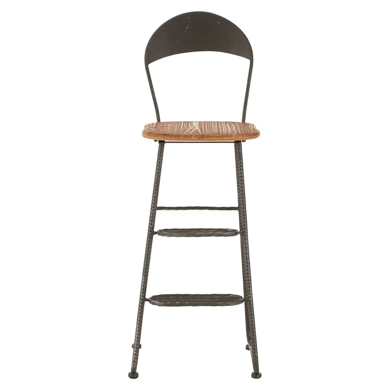 Industrial bar stool with metal frame and wooden seat, front view