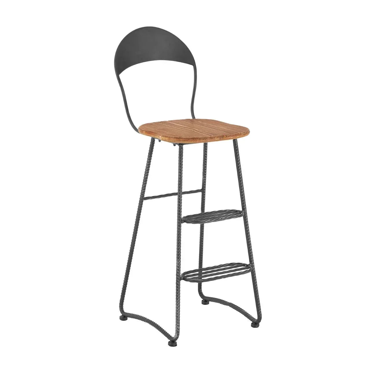 Industrial bar stool with black metal frame and wooden seat, angled backrest, and footrest