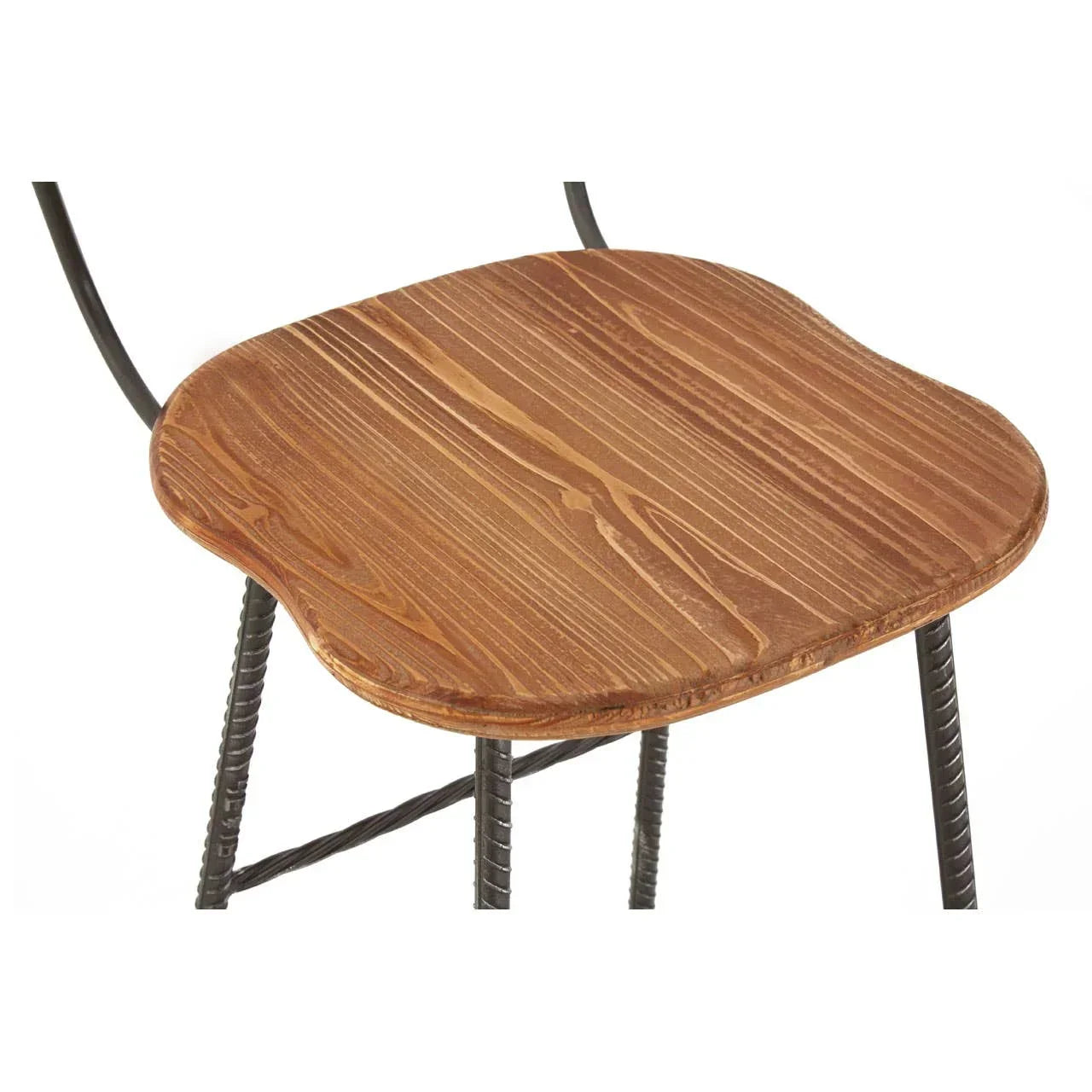 Closeup of wooden dining chair seat with metal rebar legs and curved backrest