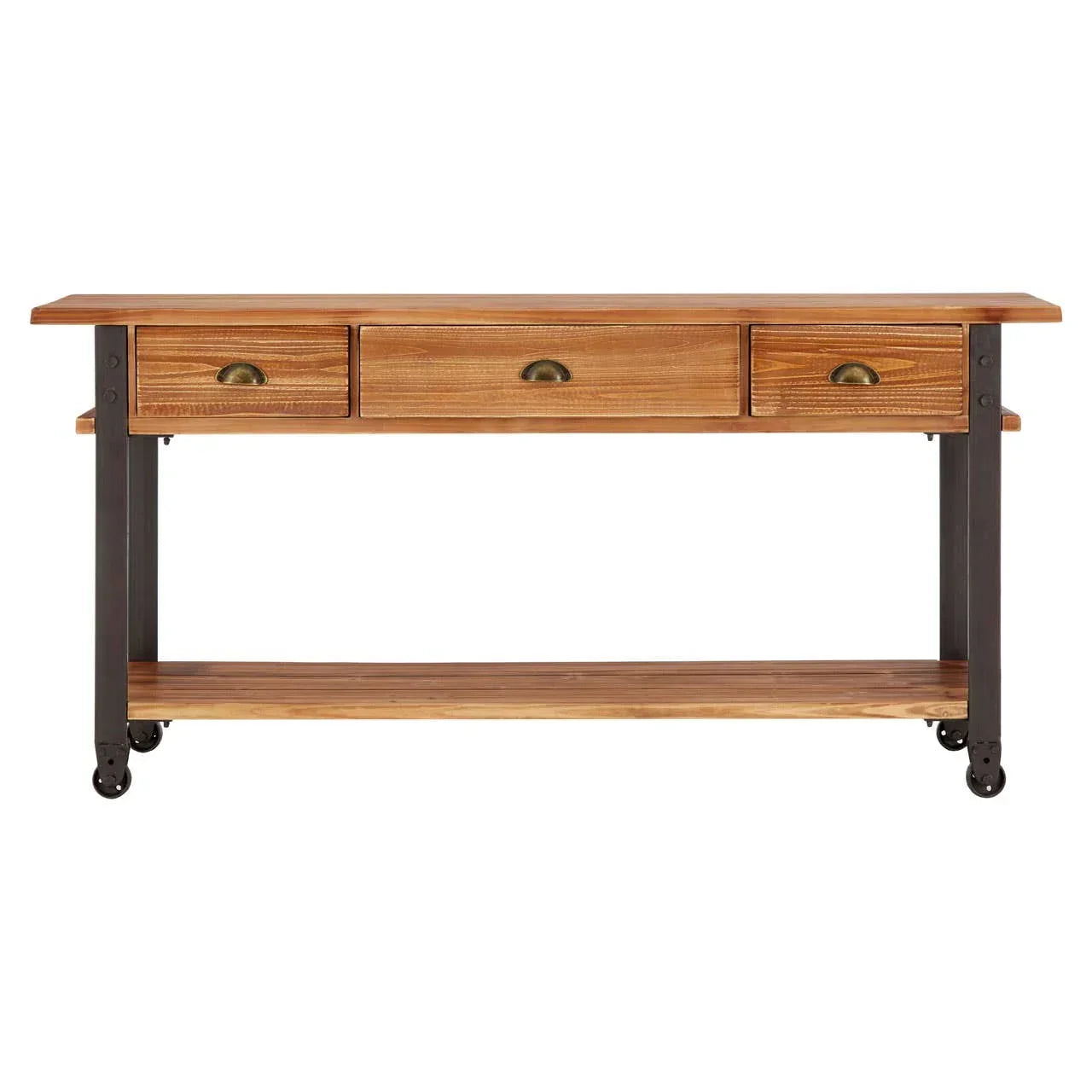 Industrial console table with three wood drawers, metal legs, and bottom shelf on castors