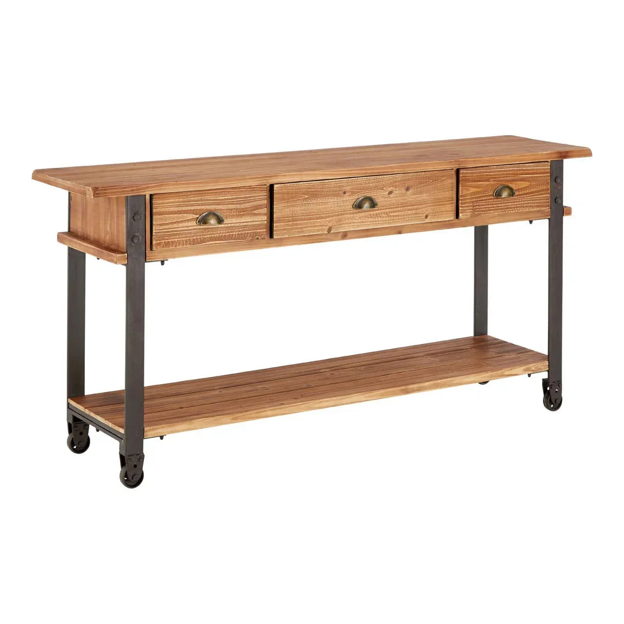 Industrial console table with three wood drawers, black metal frame, and lower shelf on wheels
