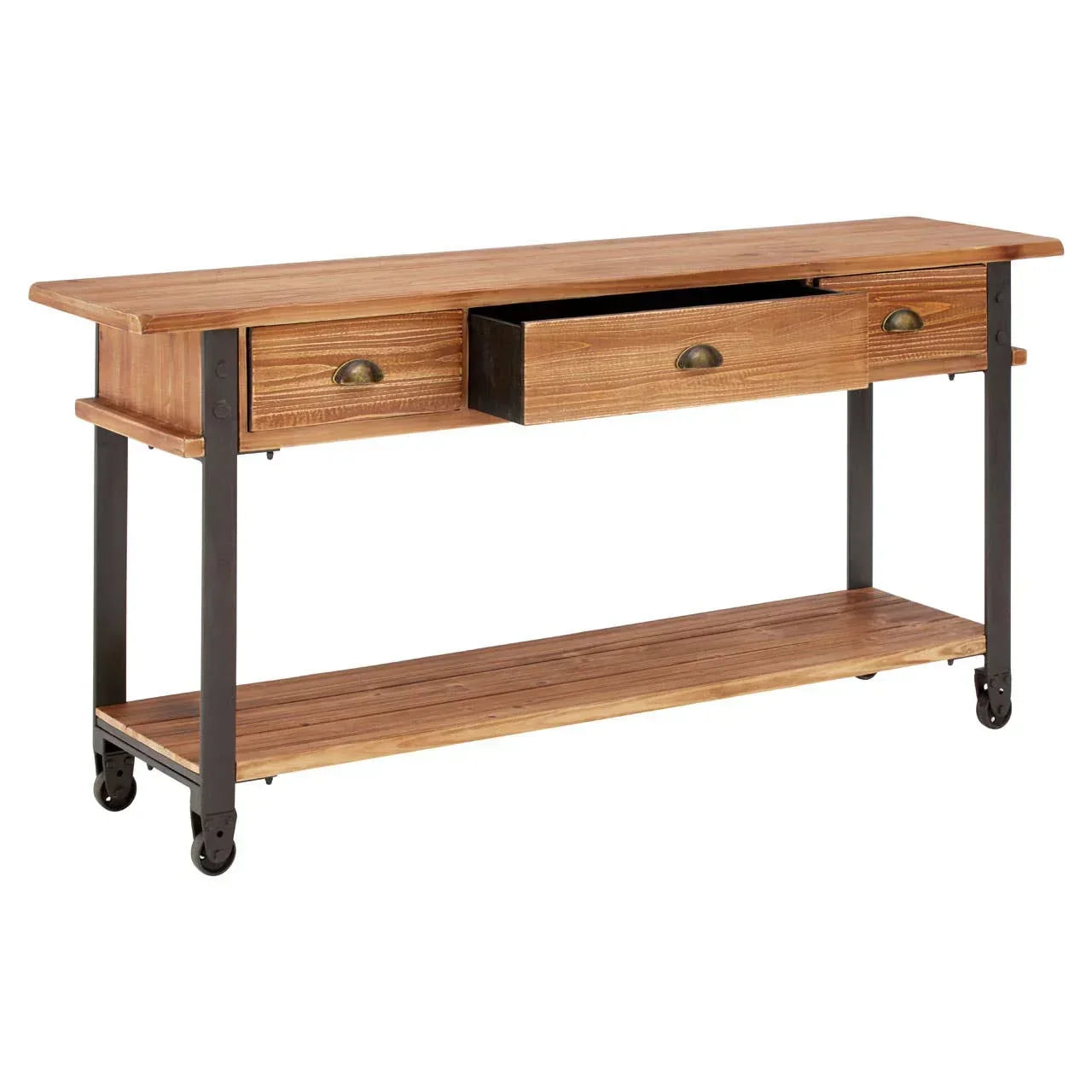 Industrial console table with metal frame, wooden top, shelf, and three drawers