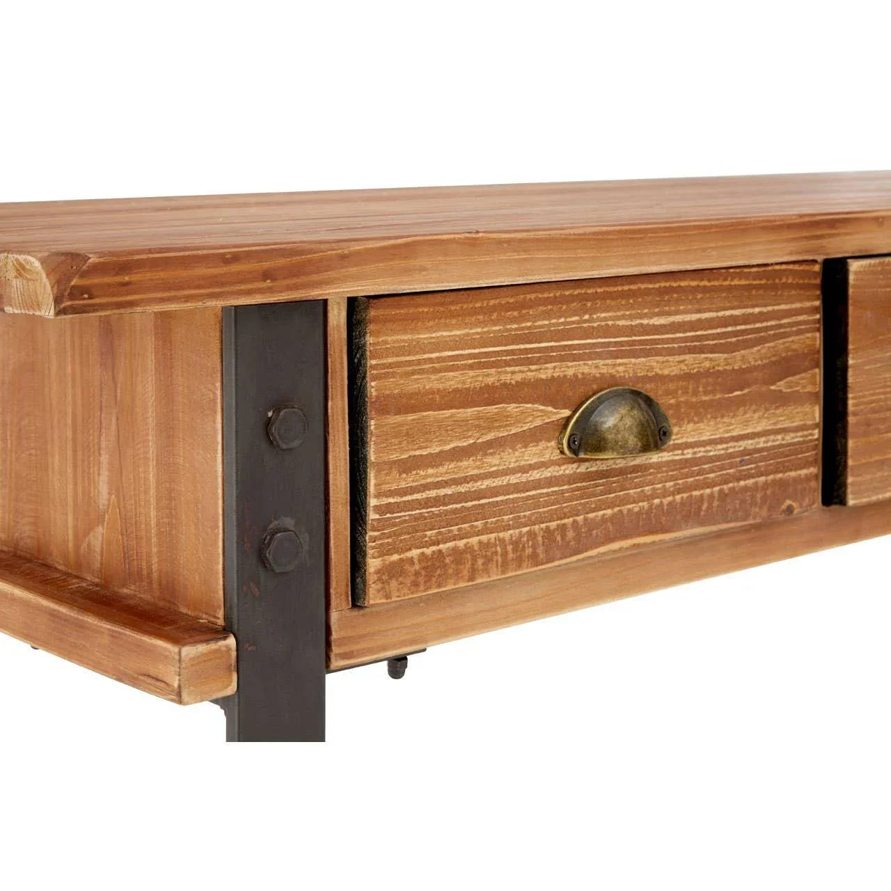 Rustic wooden console table with metal legs and a single drawer with brass handle