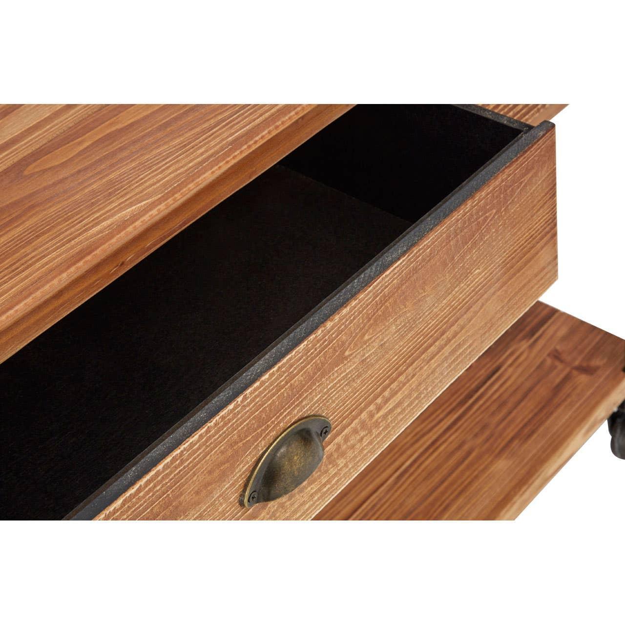 Open wooden furniture drawer with metal handle and visible wood grain texture