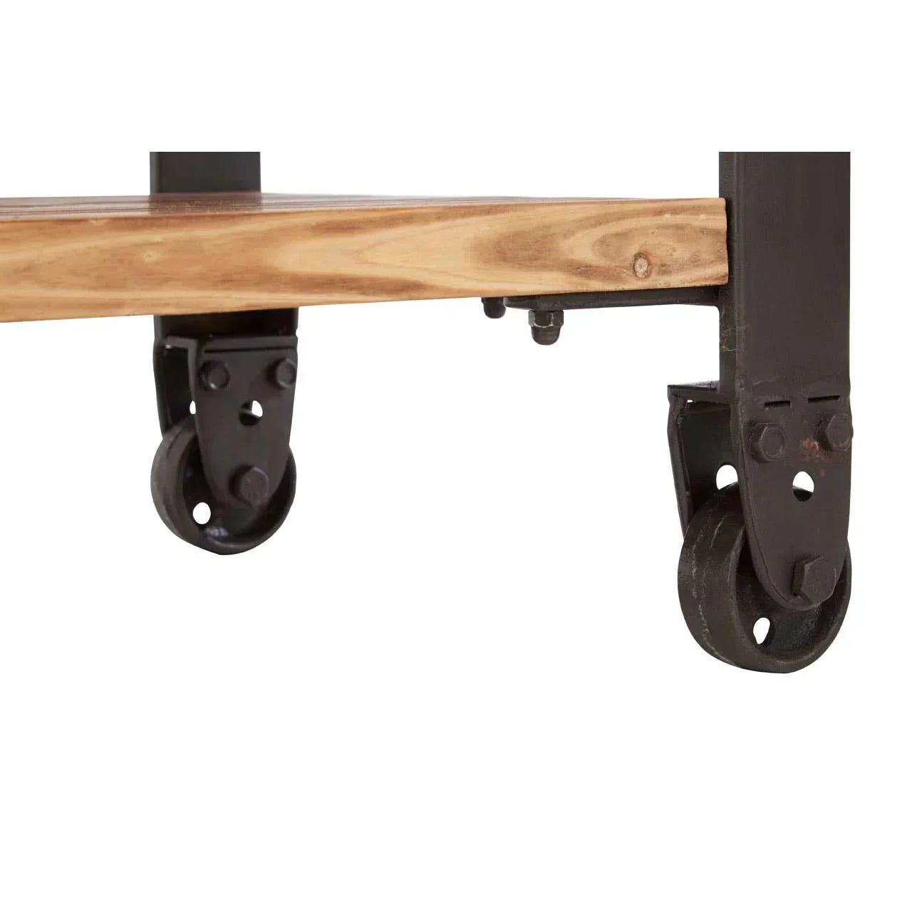 Industrial furniture metal castor wheels on wooden frame closeup