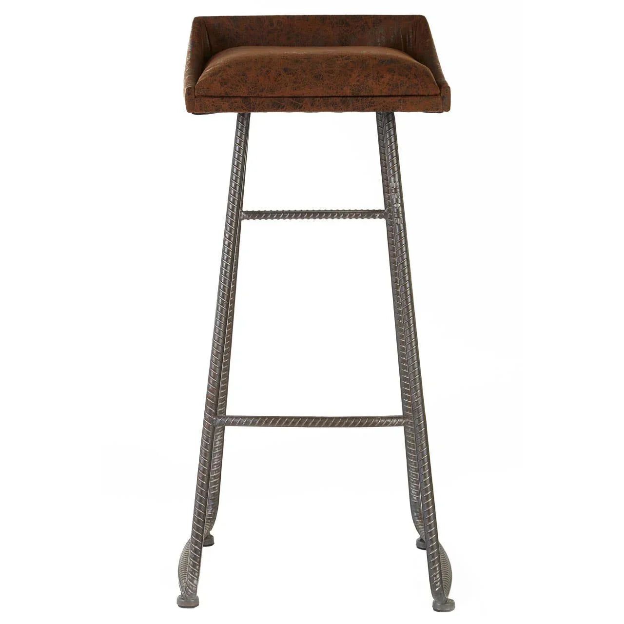Industrial bar stool with brown cushioned seat and metal legs, front view