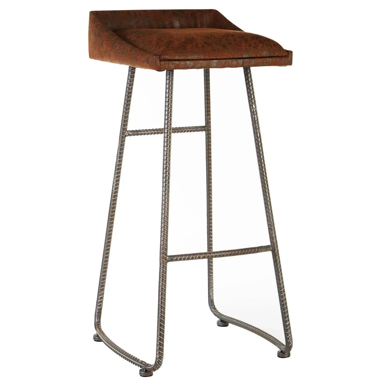 Industrial bar stool with brown cushioned seat and metal frame on white background