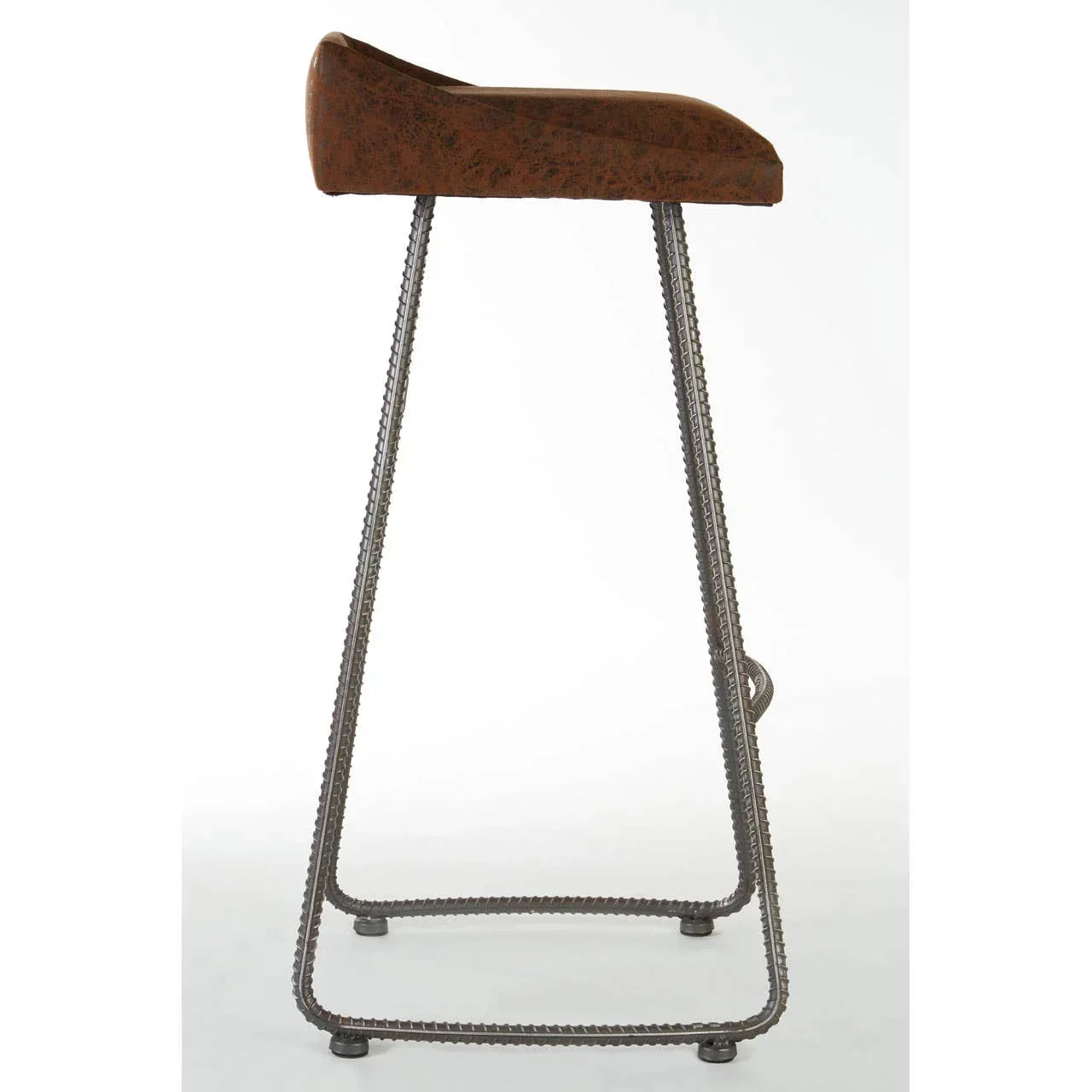 Industrial bar stool with brown seat and metal frame side view