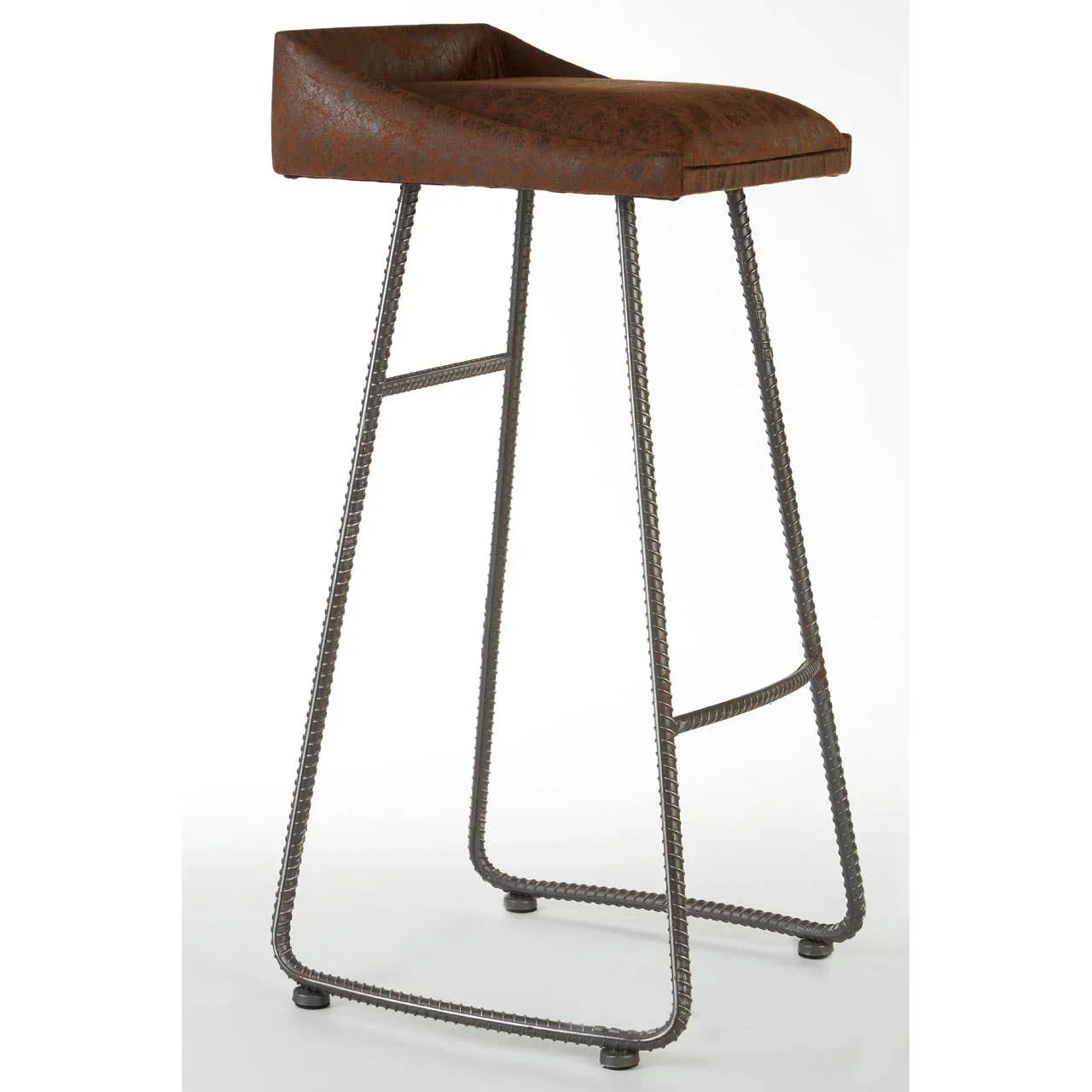 Brown bar stool with metal frame and cushioned seat on white background